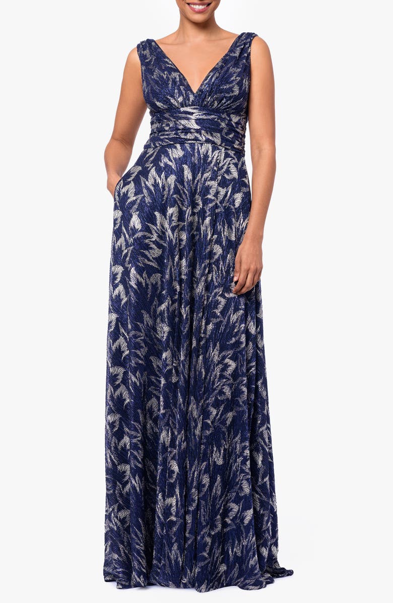 Betsy & Adam Metallic Floral A-Line Gown, Main, color, Navy/ Gunmetal