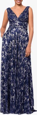 Betsy & Adam Metallic Floral A-Line Gown
