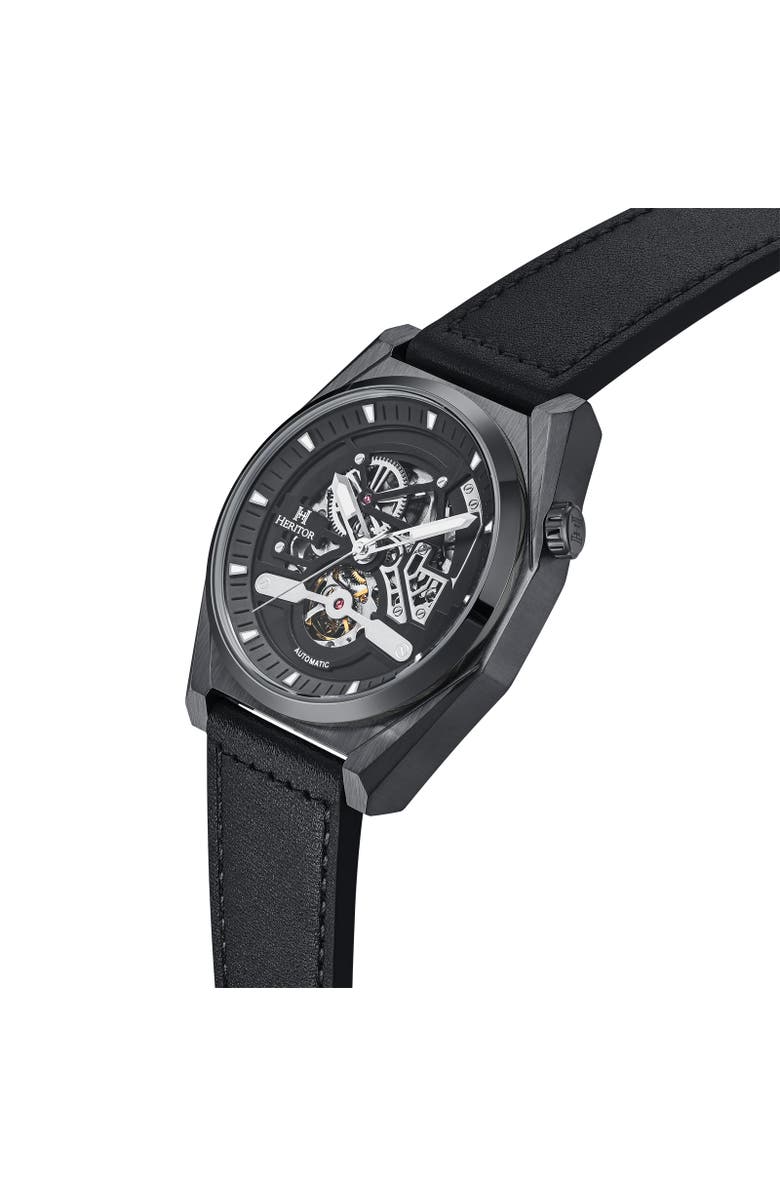 Heritor Automatic Amadeus Semi-Skeleton Leather-Band Watch, Alternate, color, Black/Black