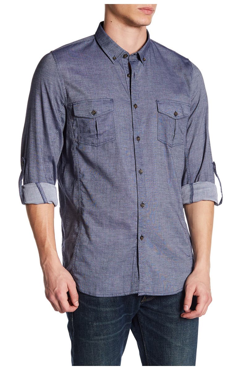 Indigo Star Collared Long Sleeve Woven Tailored Fit Shirt, Main, color,