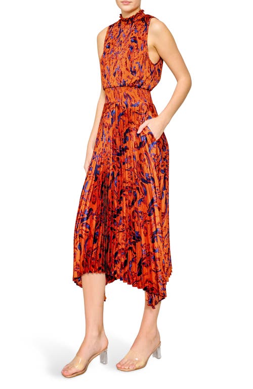 Melloday Paisley Pleated Handkerchief Hem Dress In Orange