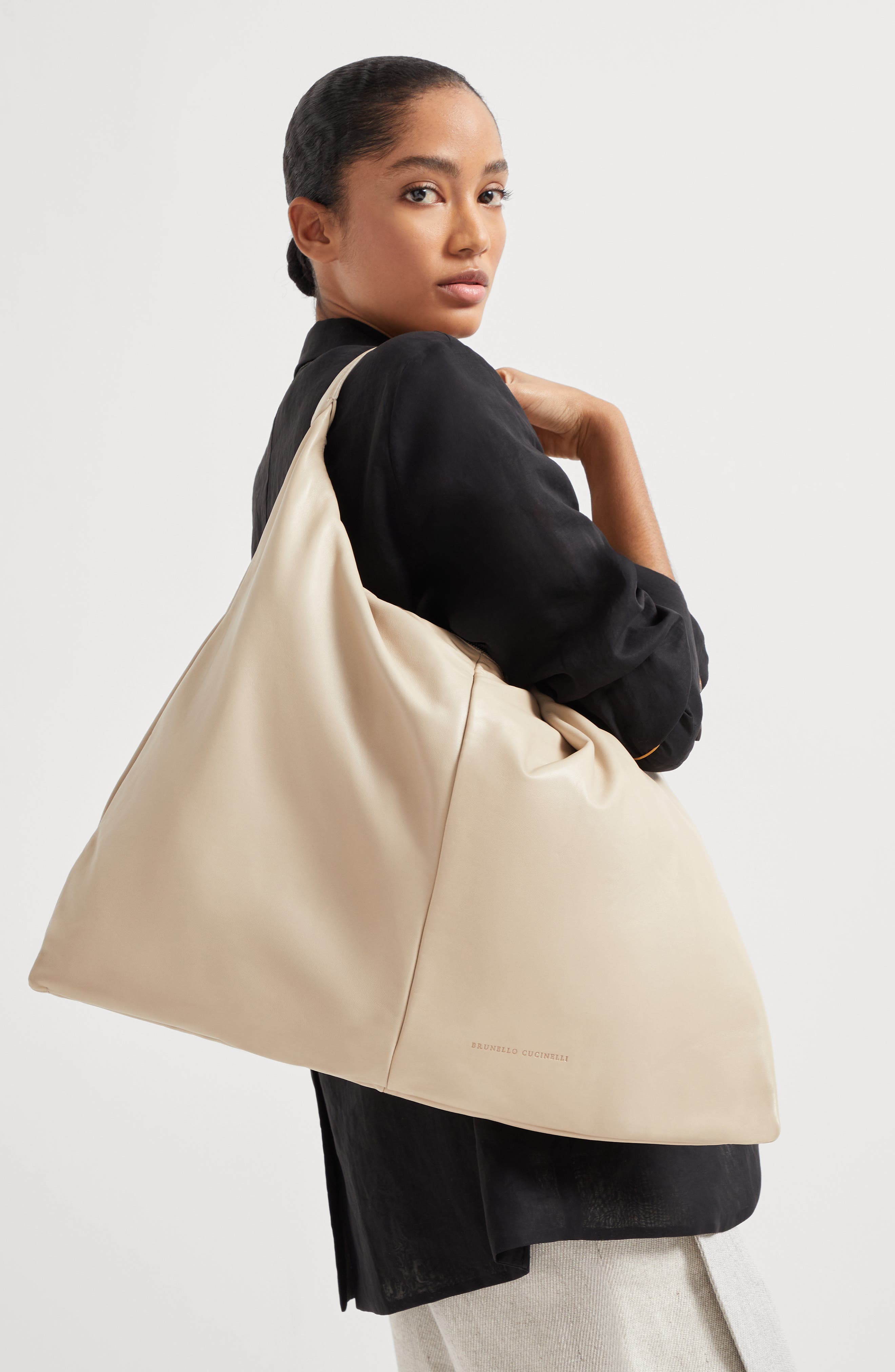 Brunello Cucinelli Nappa leather Hobo Swing bag, Alternate, color, Beige