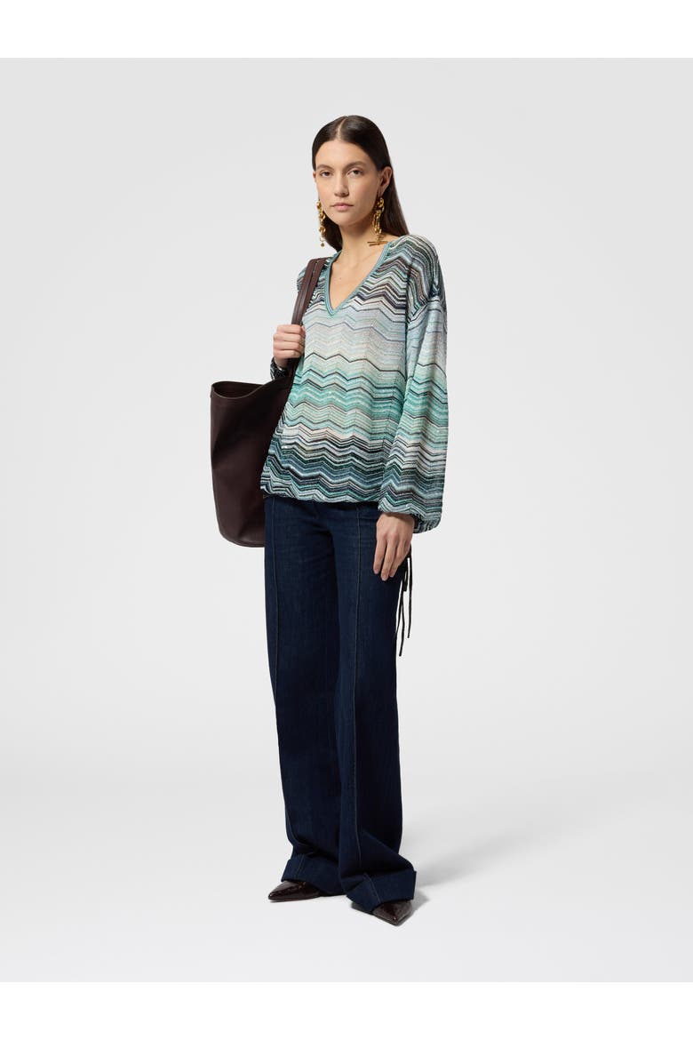 Oversized Blouse In Viscose Chevron Lamé With Sequins, Alternate, color, Turquoise