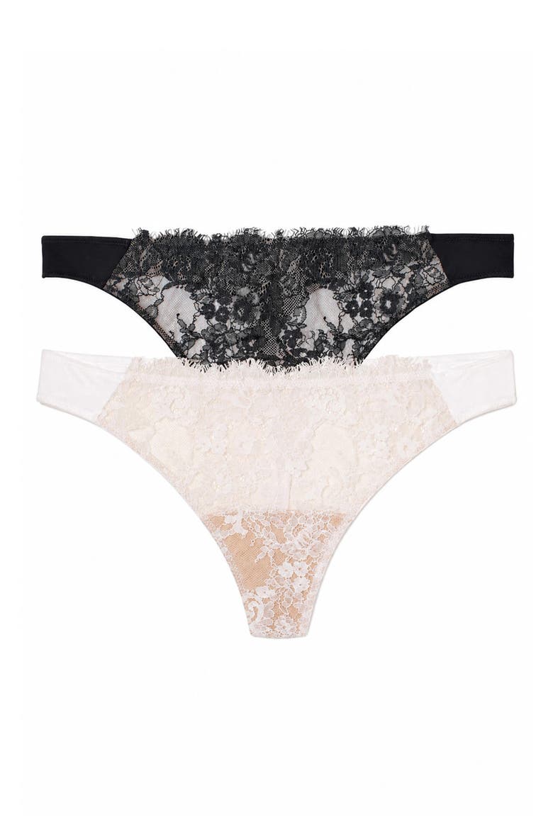 Entice Lace Front Thong 2-Pack, Main, color, Black Nylon/White Nylon