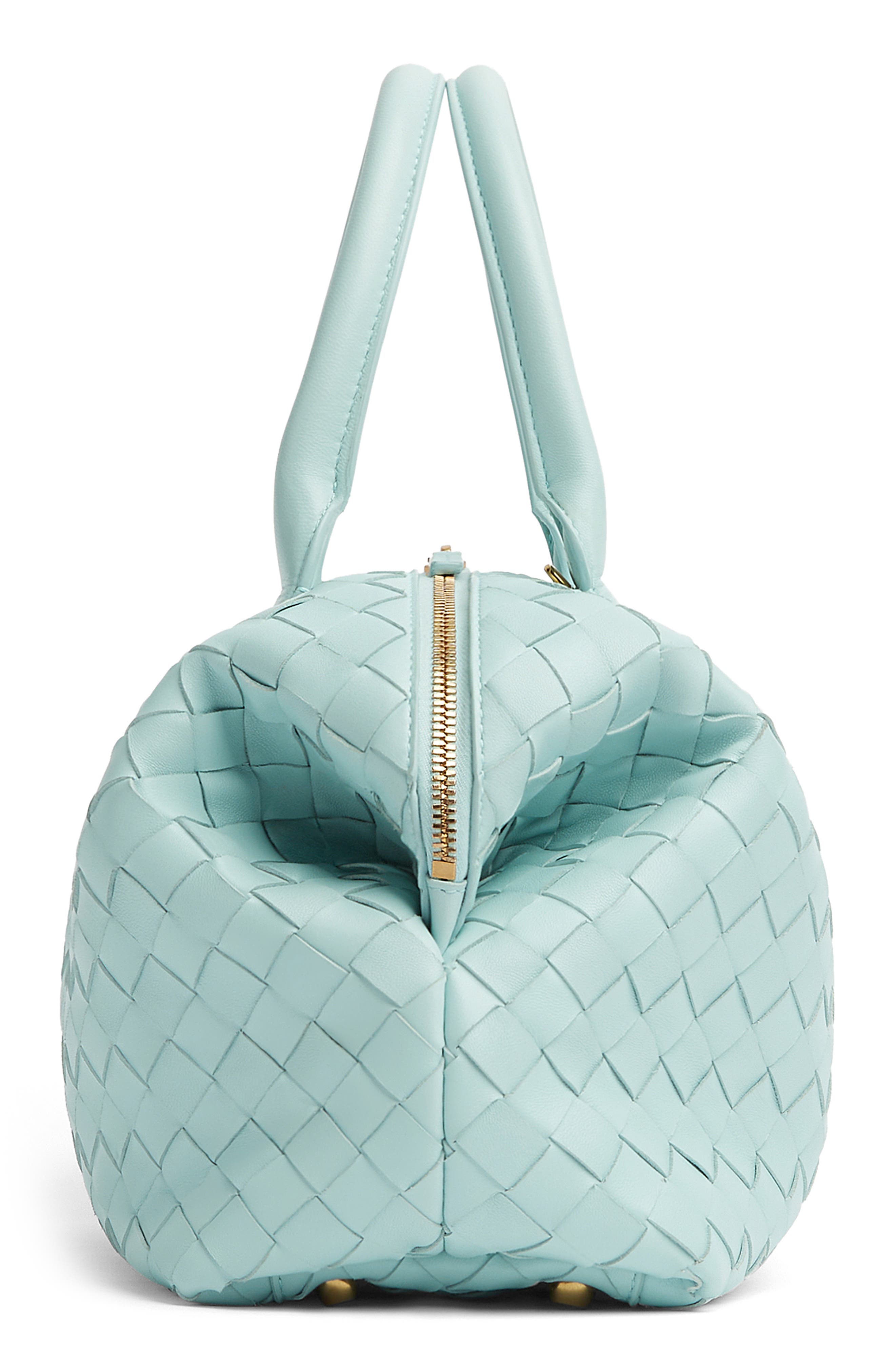 Bottega Veneta Medium Bauletto Intreciatto Leather Satchel, Alternate, color, 3943 Teal Washed-M Brass