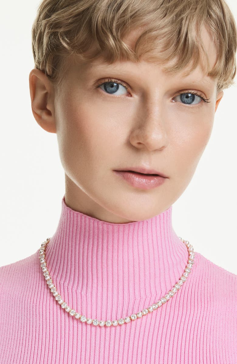 Swarovski Matrix Crystal & Faux Pearl Tennis Necklace, Alternate, color, White/ Gold