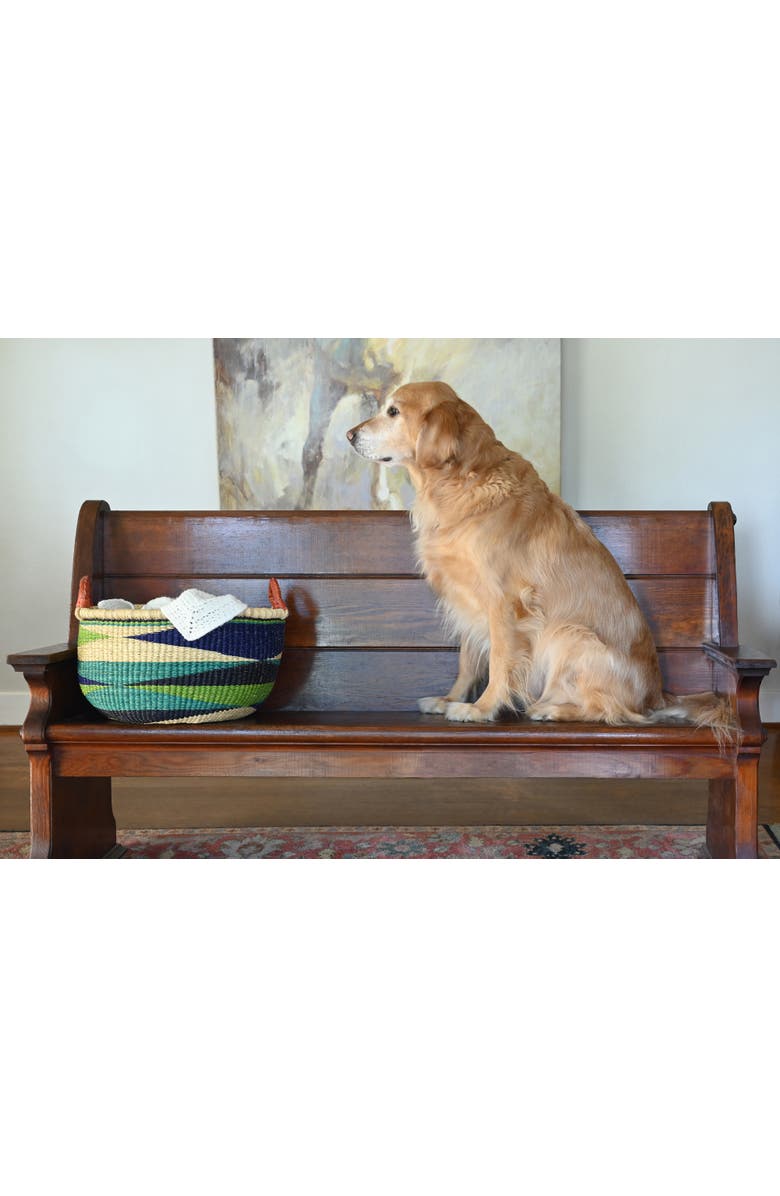 African Modern Shades of Blue Triangle Design Bolga Basket with Leather Handles, Alternate, color, Blue