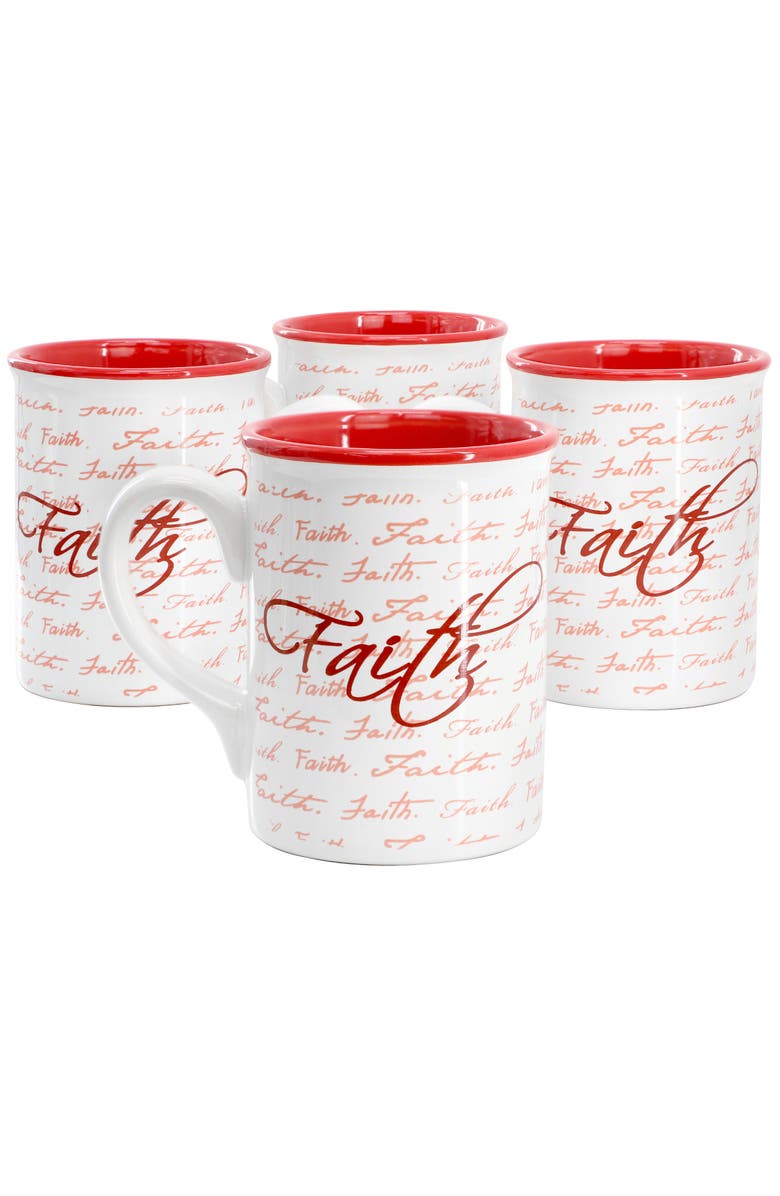 Gibson Home Inspirational Words Faith 4 Piece 16 Ounce Stoneware Mug Set, Main, color, Red