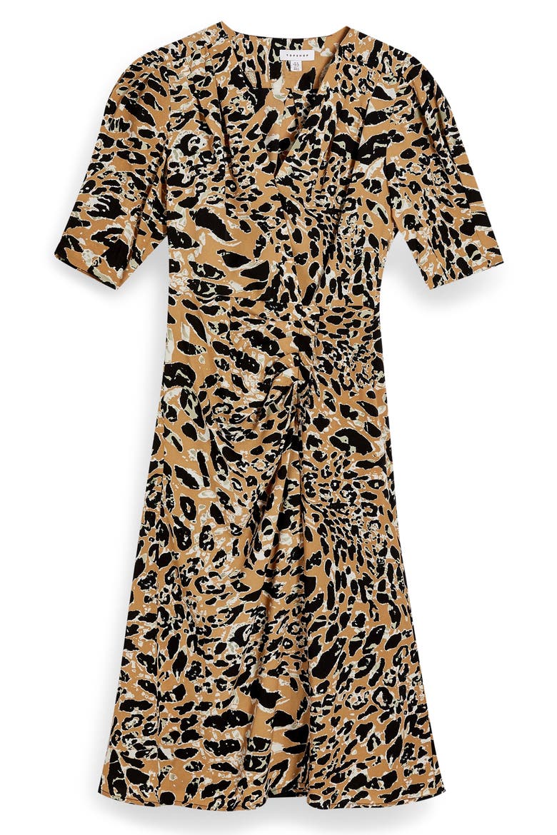 Leopard Print Mock Wrap Midi Dress, Alternate, color, BROWN MULTI