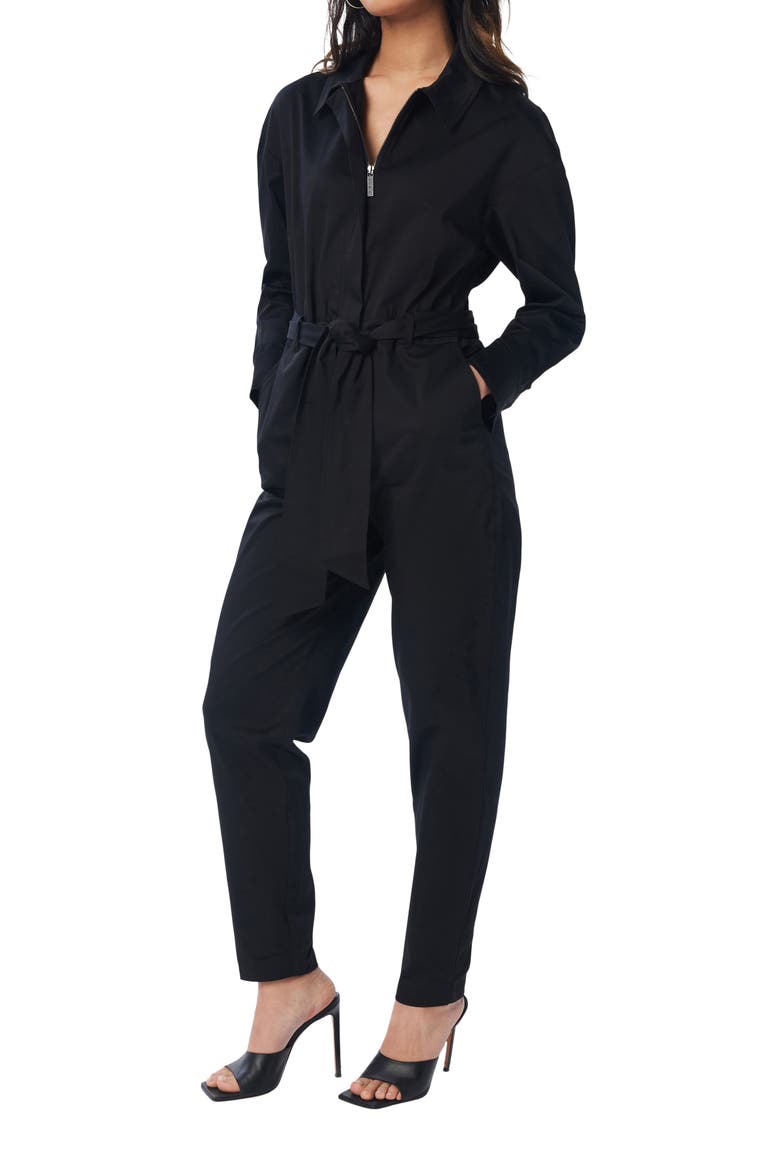 Born Free Half-Zip Long Sleeve Belted Stretch Cotton Jumpsuit, Alternate, color, BLACK