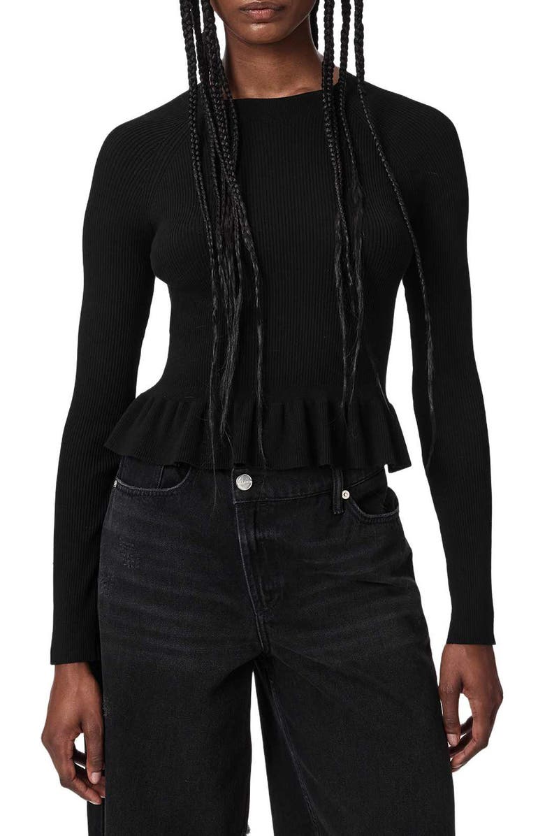 AllSaints Jas Rib Knit Peplum Sweater, Main, color, Black