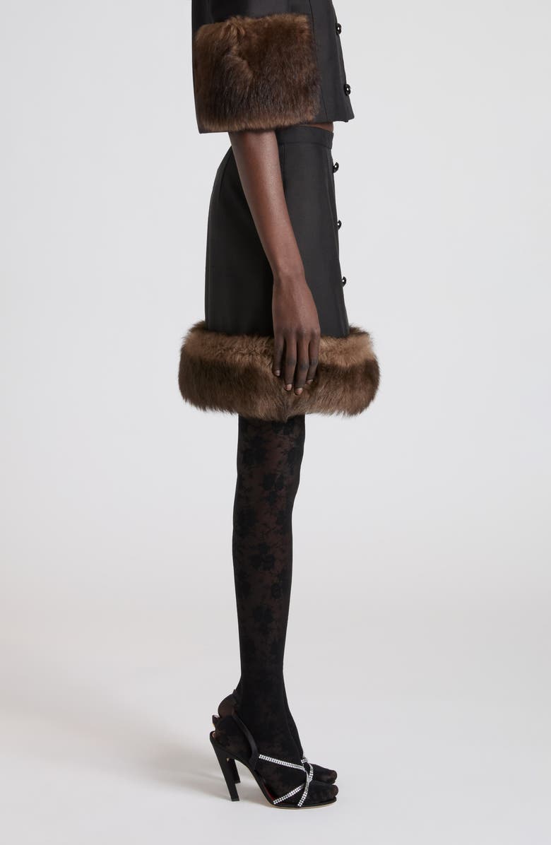 Valentino Silk Shantung Miniskirt with Genuine Shearling Trim, Alternate, color, Black