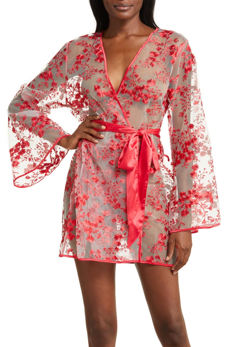 Floral Embroidered Sheer Mesh Robe, Main, color, RED
