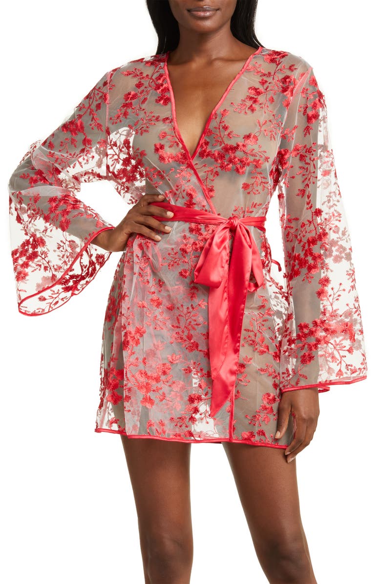 Coquette Floral Embroidered Sheer Mesh Robe, Main, color, Red