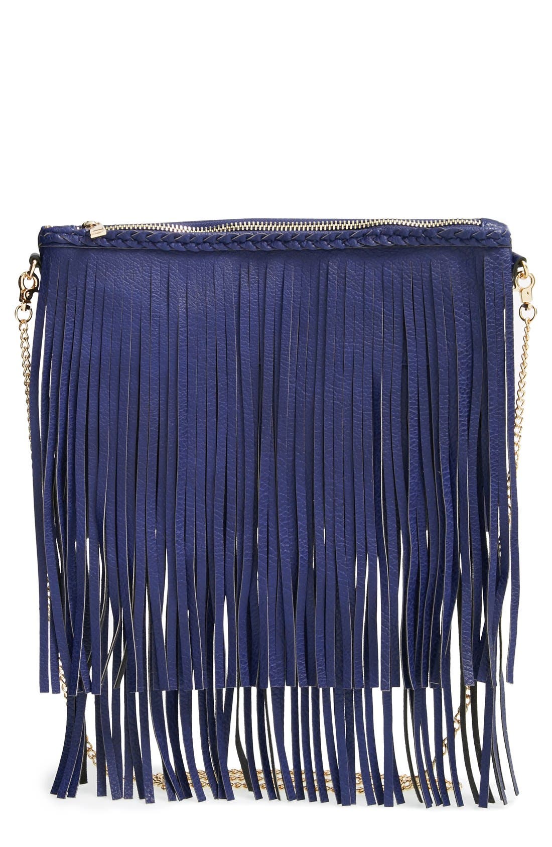'Rose' Fringe Faux Leather Convertible Crossbody Bag, Main, color, NAVY