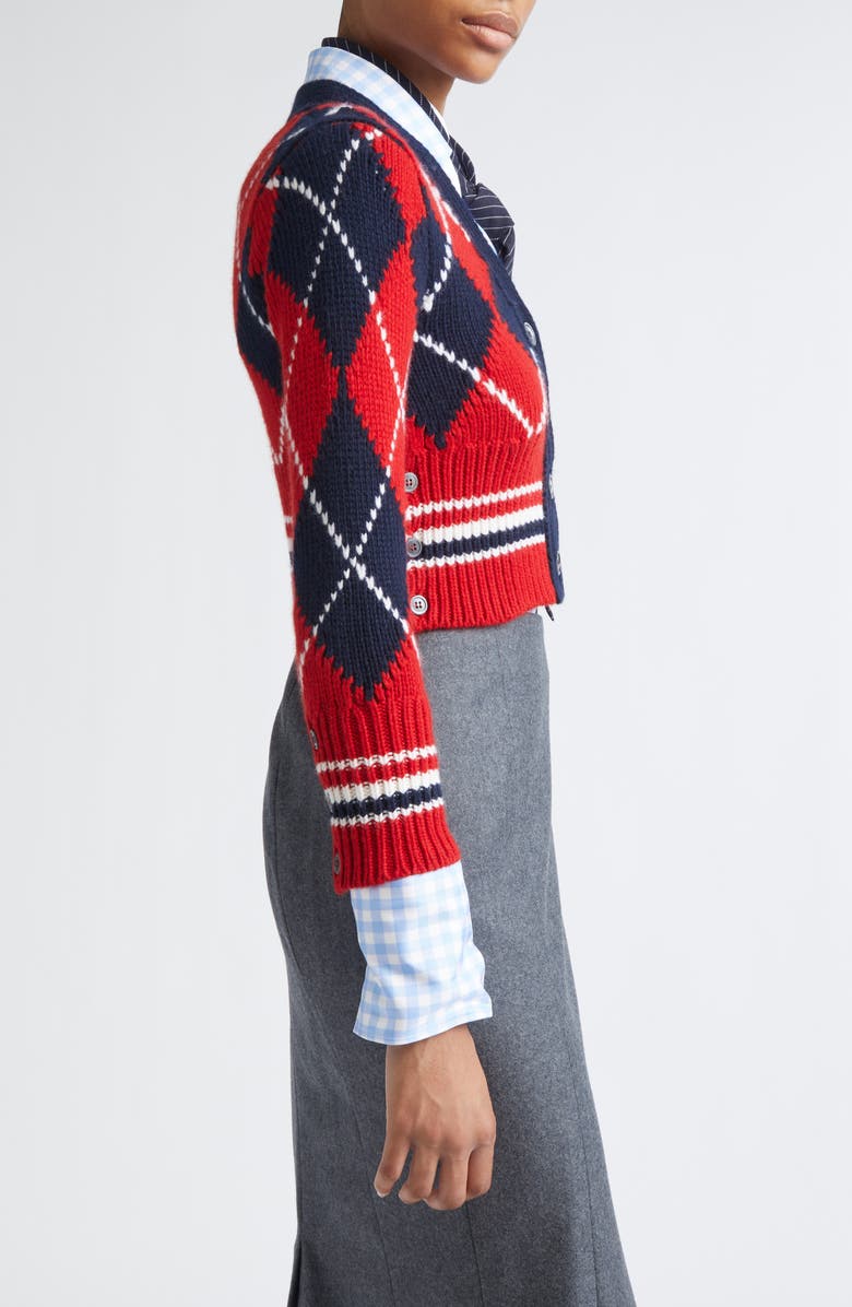 Thom Browne Argyle Intarsia Shrunken Virgin Wool Blend Cardigan, Alternate, color, Red/ White/ Blue