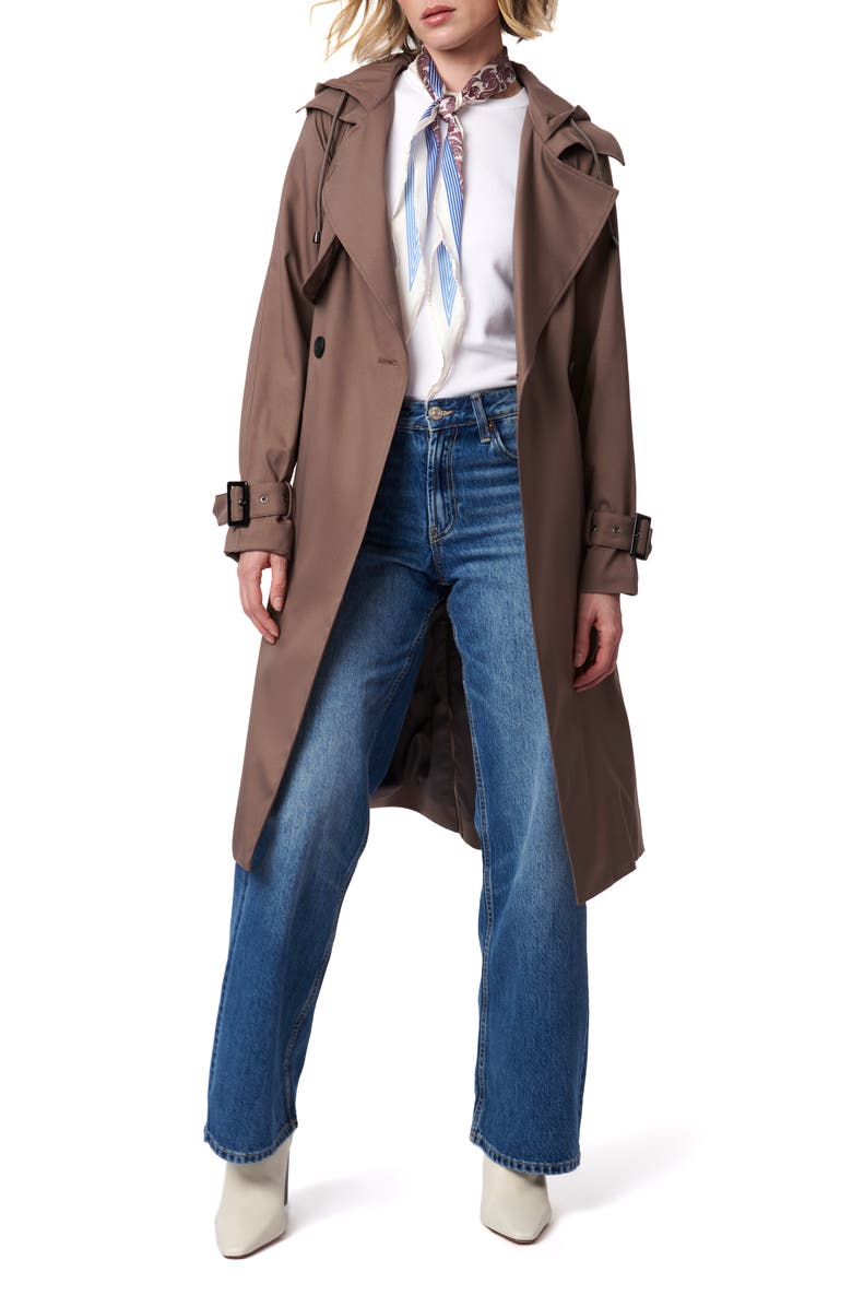 Bernardo Double Breasted Hooded Trench Coat, Main, color, Dark Oak