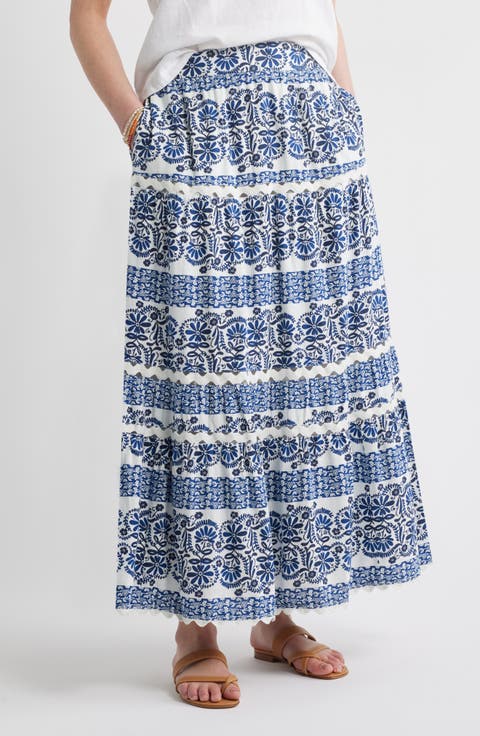 Rickrack Trim Linen Blend Tiered Maxi Skirt