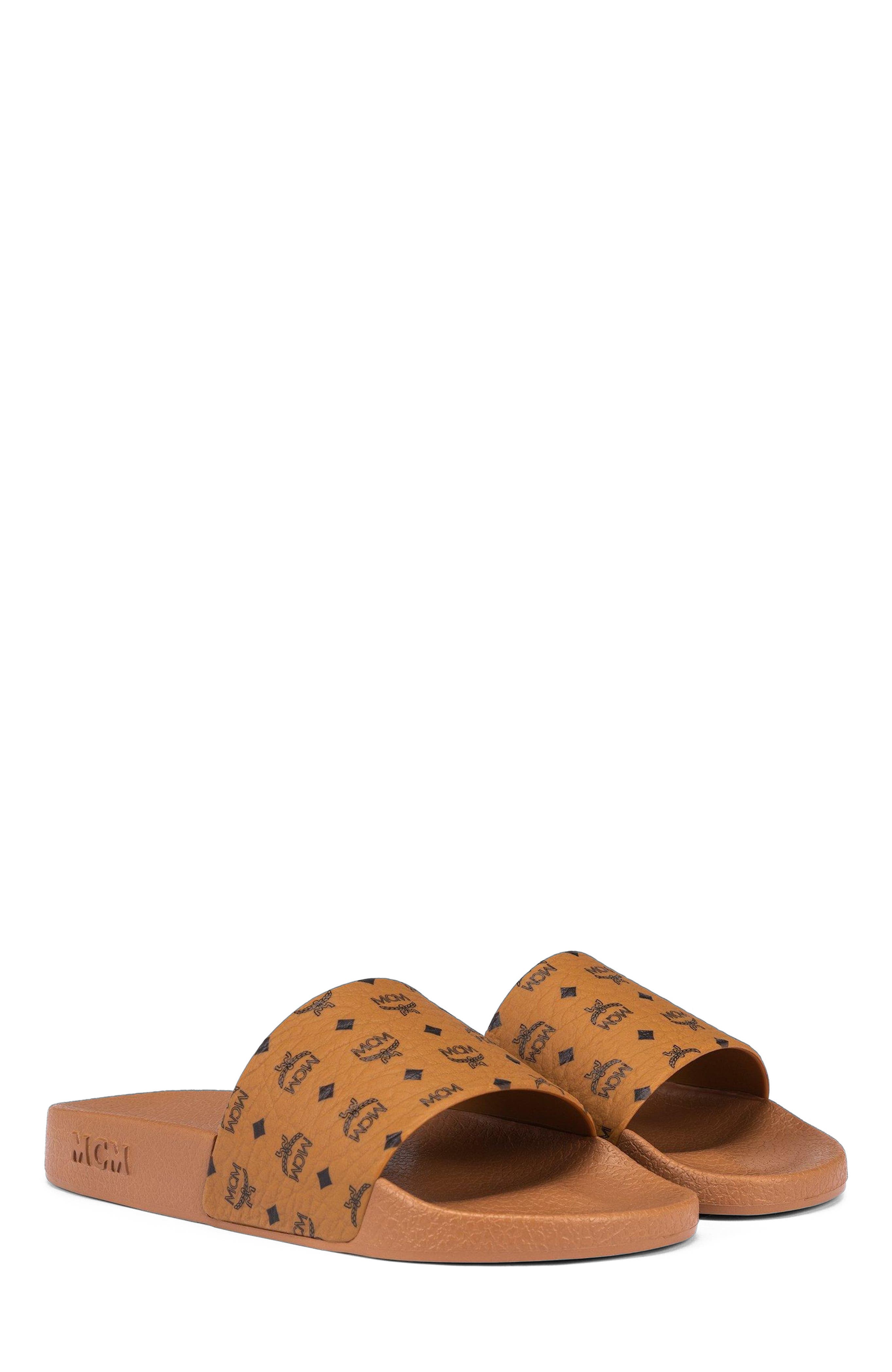 MCM Monogram Print Rubber Slides, Alternate, color, Cognac
