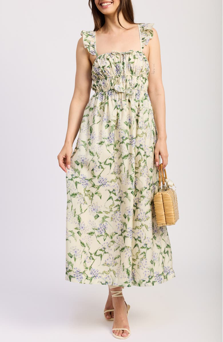 En Saison Charleston Ruffle Shirred Midi Sundress, Alternate, color, Natural Indigo