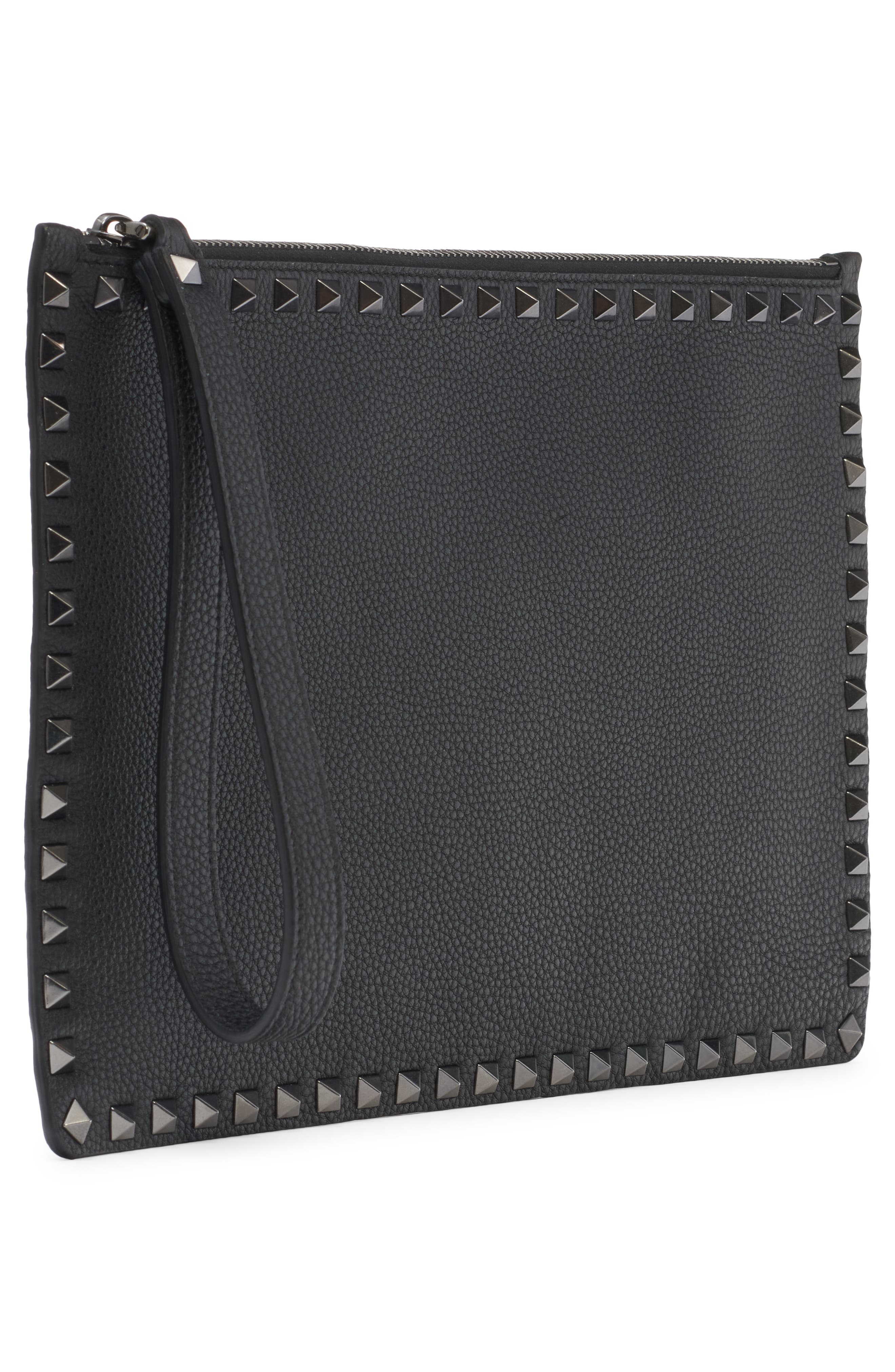 Rockstud Grainy Leather Pouch, Alternate, color, NERO
