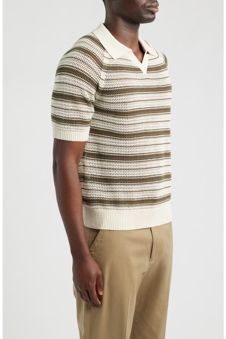 Cale 60056 Stripe Johnny Collar Linen Blend Polo Sweater, Alternate, color, IVORY STRIPE