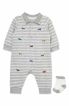Embroidered Schiffli Polo Romper & Socks Set