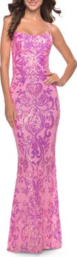 La Femme Print Sequin Gown with Square Neckline