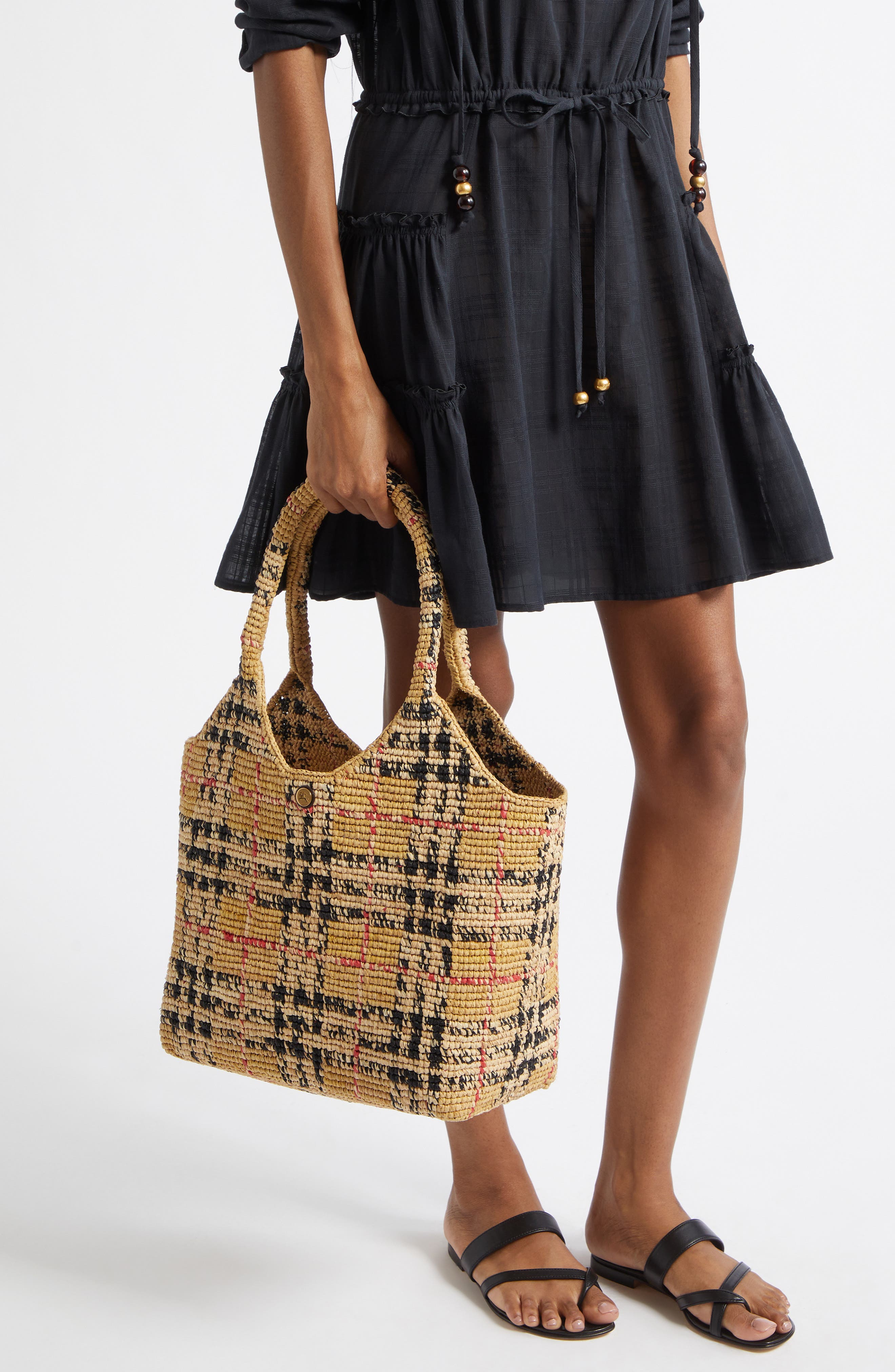 Burberry Small Margate Check Raffia Tote, Alternate, color, 