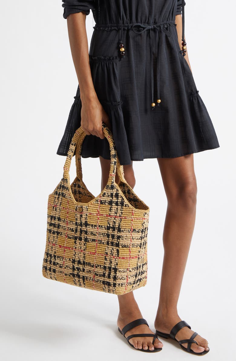Burberry Small Margate Check Raffia Tote, Alternate, color,