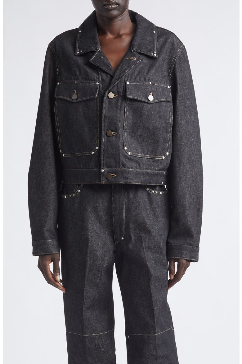 Crop Studded Cotton Denim Jacket, Main, color, SLATE