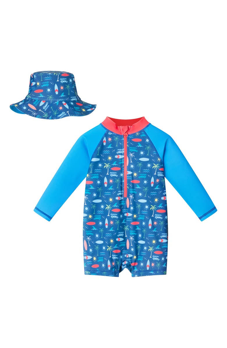 Andy & Evan Long Sleeve One-Piece Swimsuit & Hat Set, Main, color, 