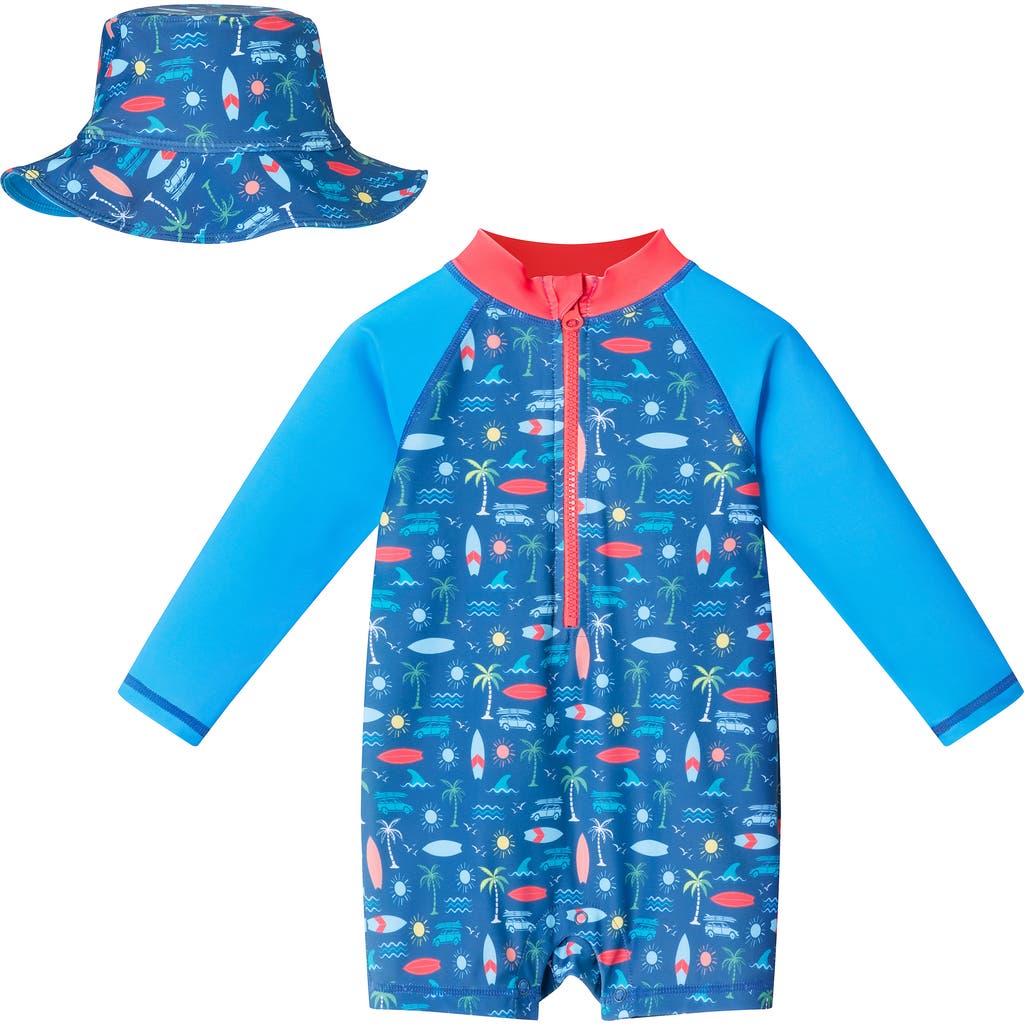 Andy & Evan Long Sleeve One-piece Swimsuit & Hat Set In Navy