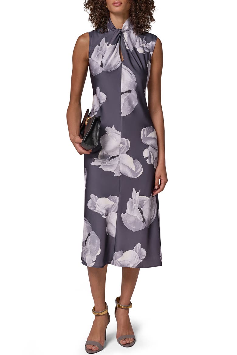 Twist Neck Midi Dress, Alternate, color, CHAR MULTI