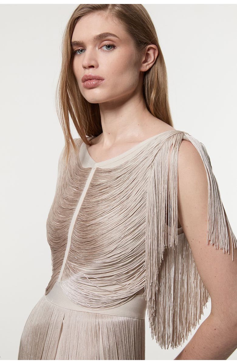 Karen Millen Maxi Draped Fringe Knitted Mini Dress, Alternate, color, Silver
