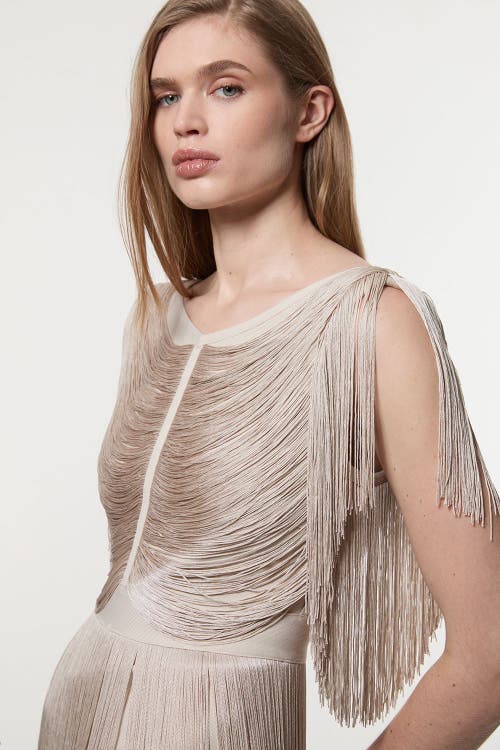 Karen Millen Maxi Draped Fringe Knitted Mini Dress In Neutral