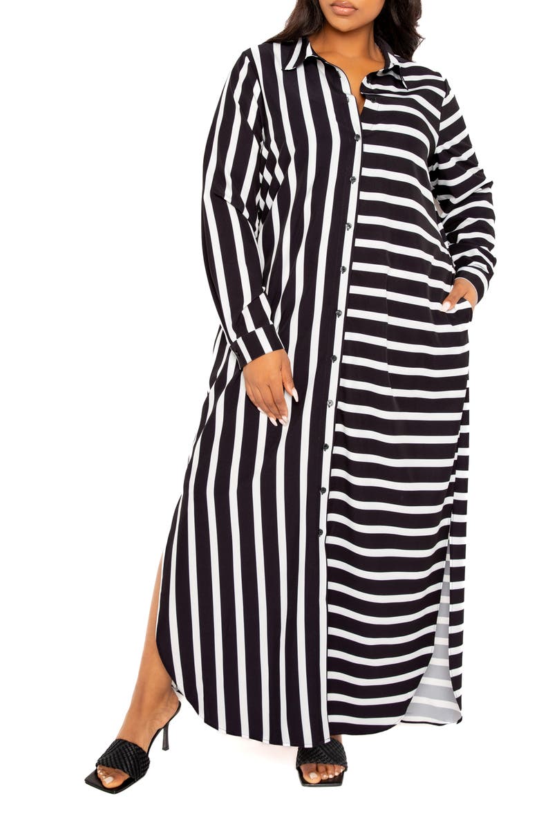 BUXOM COUTURE Long Sleeve Button-Up Maxi Shirtdress, Main, color, Black Stripe