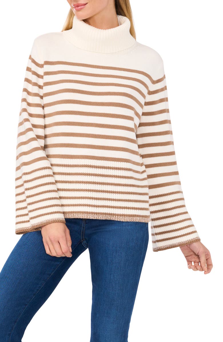 CeCe Stripe Bell Sleeve Turtleneck Sweater, Main, color,
