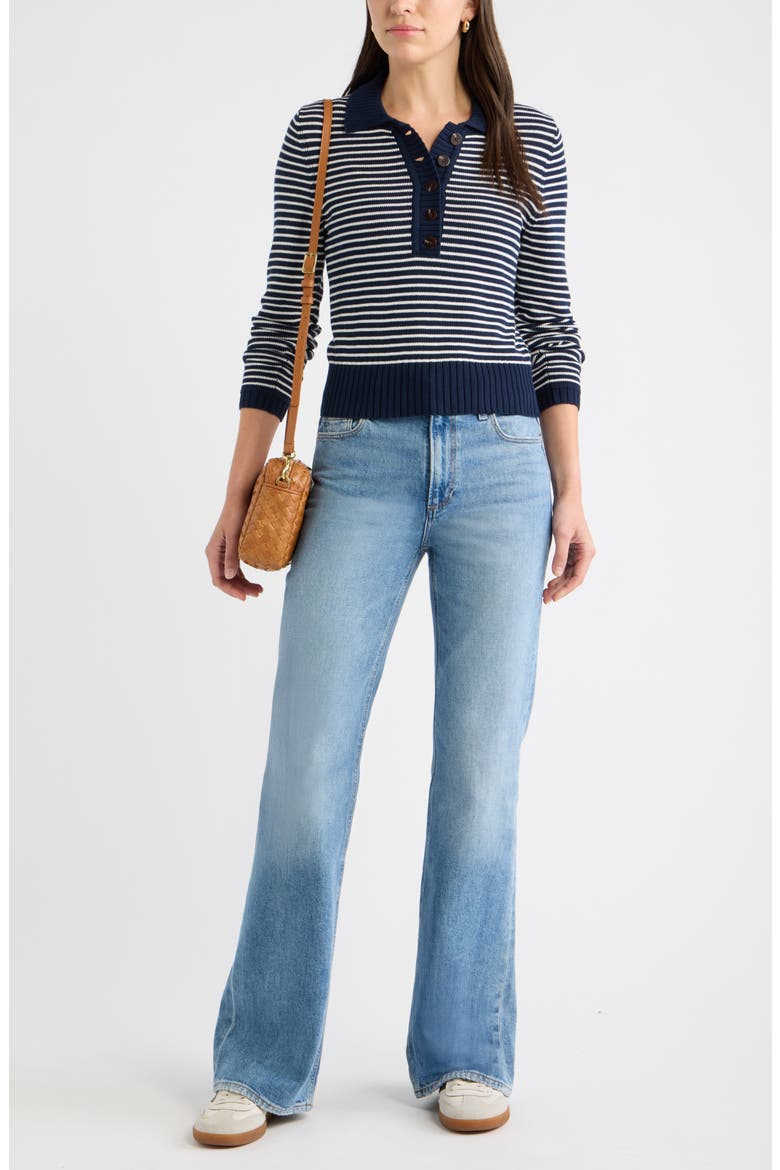 Striped Cotton Polo Sweater, Alternate, color, IVORY- NAVY STRIPE