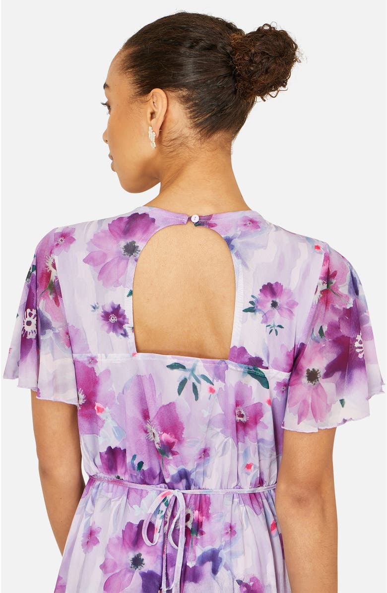 Yumi Floral Print Frill Midi Dress, Alternate, color, Lavender