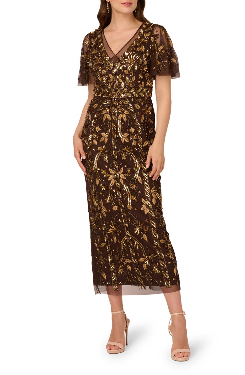 Adrianna Papell Embellished Flutter Sleeve Cocktail Dress, Main, color, Chocolate