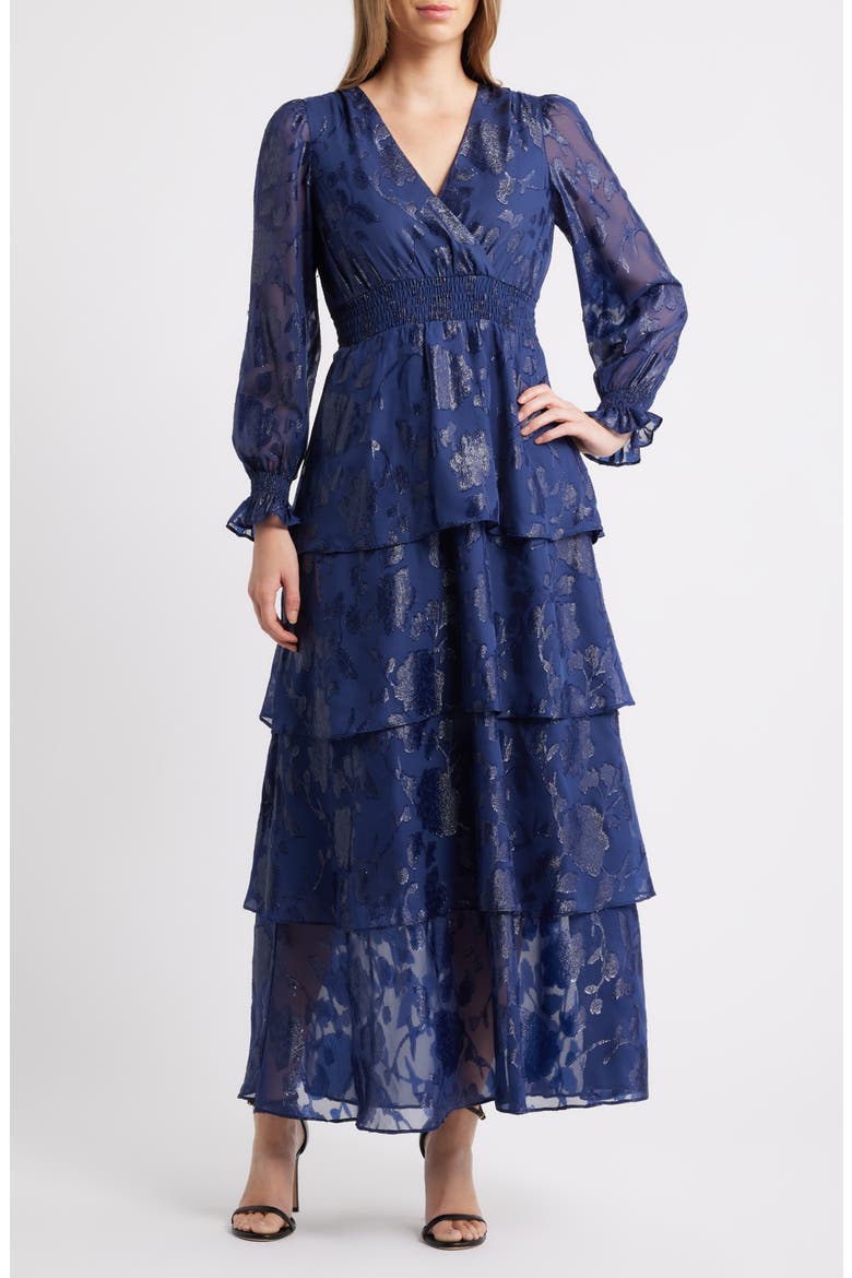 Metallic Floral Long Sleeve Tiered Dress, Main, color, DISTANT MOUNTAIN