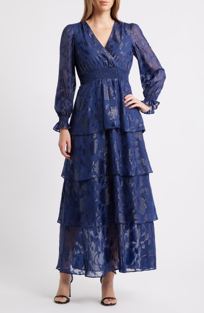 Anne Klein Metallic Floral Long Sleeve Tiered Dress, Main, color, Distant Mountain