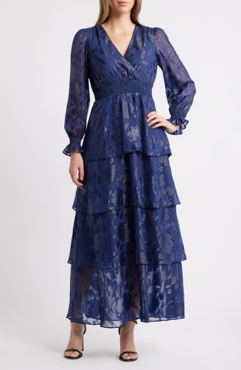 Metallic Floral Long Sleeve Tiered Dress