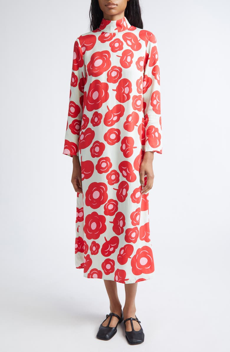 Marimekko Aikakausi Long Sleeve Midi Shift Dress, Main, color, Light Turquoise Red Pink