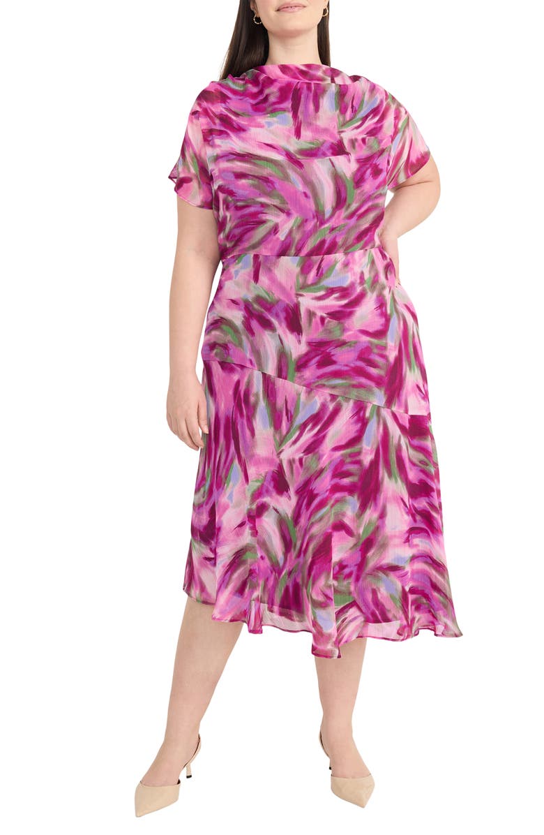 Maggy London Abstract Print Asymmetric Chiffon Midi Dress, Main, color, Perri/ Purple