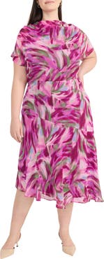Maggy London Abstract Print Asymmetric Chiffon Midi Dress