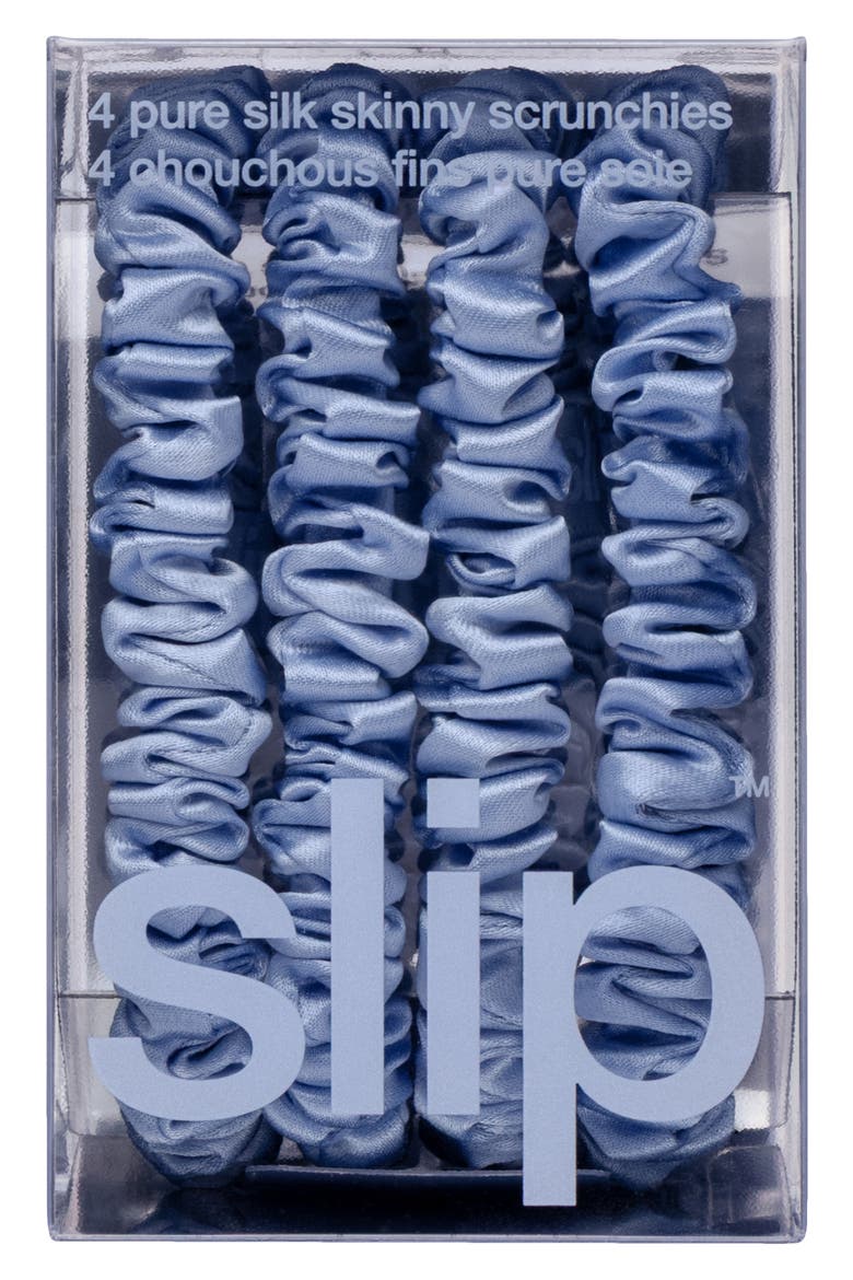 Cornflower 4-Pack Pure Silk Skinny Scrunchies, Alternate, color, CORNFLOWER