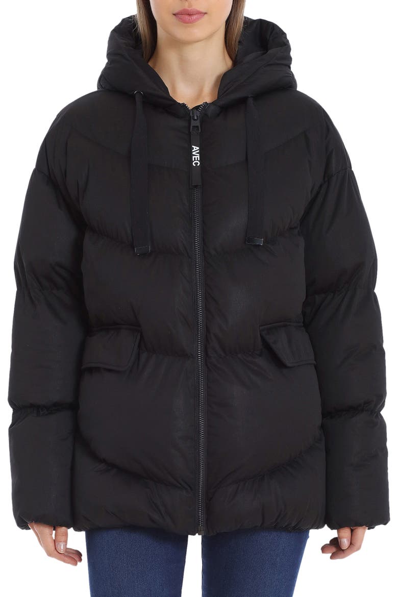 Water Resistant Hooded Cozy Duvet Puffer Jacket, Main, color, BLACK