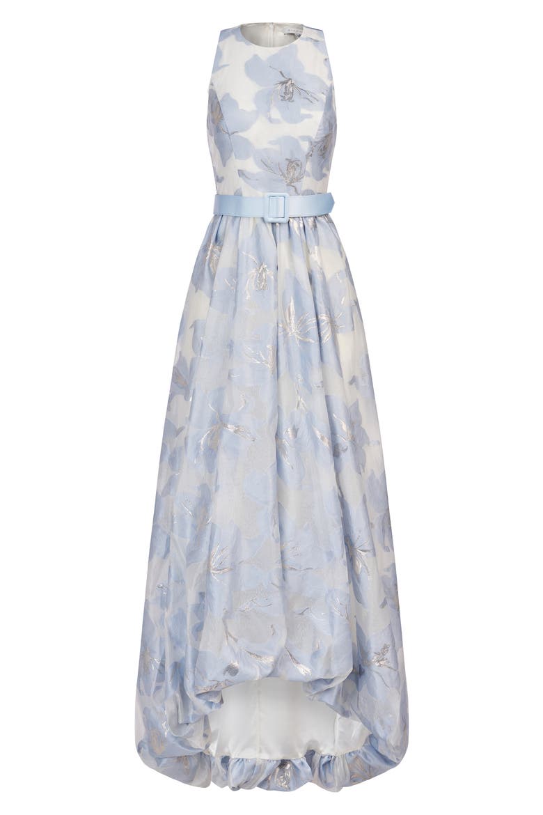Vivian Metallic Floral Print Sleeveless High/Low Gown, Alternate, color, PALE BLUE/ IVORY